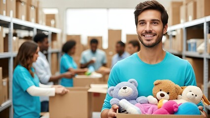 Smiling man holding a box of plush toys in a donation center, surrounded by volunteers organizing donations, showcasing the spirit of community support and volunteering efforts