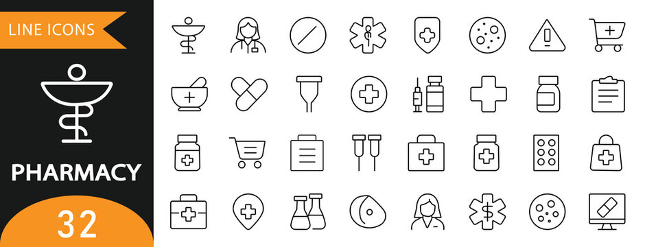 Pharmacy and Health Line Icon Collection. Features essential vector icons for prescription, consultation, medicine, drugs, tablets, syringes, vaccine, and medication. Perfect for pharmaceutical and he