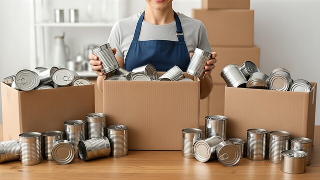 Woman in blue apron organizing canned goods in cardboard boxes on wooden table, demonstrating the spirit of donation and community support through volunteering efforts - Powered by Adobe