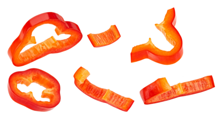 freshly sliced red bell pepper pieces, vibrant and nutritious, isolated on a transparent background, perfect for cooking or healthy eating concepts.