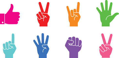 Hand gesture vector collection featuring colorful icons of thumbs up, peace sign, counting fingers, fist and expressive hand symbols