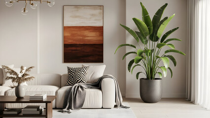 A modern living room scene with a white sofa a zebra print pillow a patterned throw blanket a large potted plant and abstract art