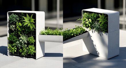 Modern Vertical Garden Planter with Lush Greenery and Geometric