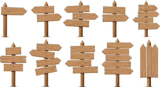 Wooden directional signpost vector set, rustic arrows, blank signs, wayfinding design, outdoor signage, natural texture, navigation board, trail marker