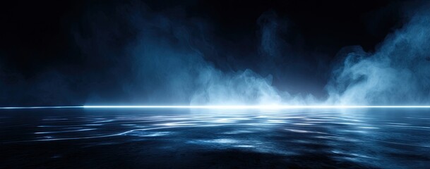 Light beam over reflective, smoky surface against dark background