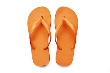 Overhead shot of two bright orange flip-flops, sandals, on a clean white background