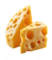 Two wedges of Swiss-style cheese, golden yellow with many large holes, against a white background