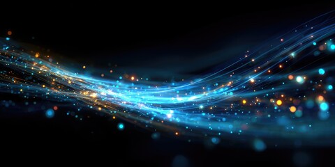 Flowing abstract light trails with glowing particles against a dark backdrop