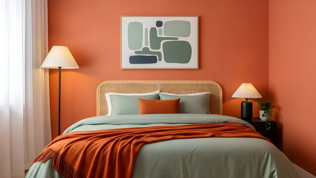 A stylish bedroom features a bed with sage green bedding an orange throw blanket and a woven headboard against a vibrant orange wall with modern art and bedside lamps