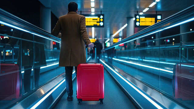 Man with a red suitcase walking on an escalator in a modern airport terminal, illuminated by bright lights, showcasing travel and movement in a dynamic environment - Powered by Adobe
