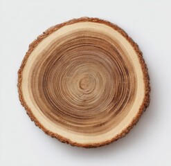 Overhead shot of a circular wood slice, showcasing rings and bark texture, set on white