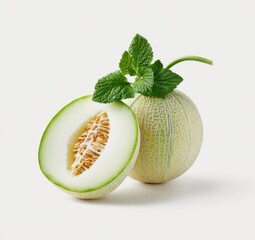 A halved and whole melon with mint sprig on a white backdrop. Shows seeds and rind