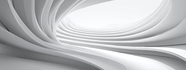 Abstract white tunnel with curved, layered walls and bright light at end