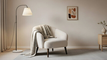 A cozy textured armchair draped with a patterned throw sits beside a sleek floor lamp and abstract wall art in a minimalist room with wood accents