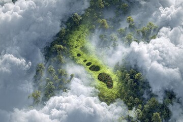 Aerial view of a green valley with trees, nestled in fluffy white clouds