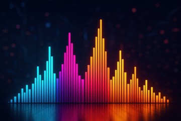 A vibrant audio equalizer display with glowing bars in blue, pink, orange, and yellow gradients. Set against a dark background, the neon lights evoke digital music, rhythm, and energy visuals.
