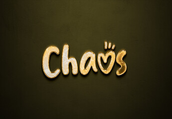Old gold text effect of word Chaos with 3D glossy style Mockup.