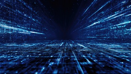 Abstract blue digital grid fading into distance, evokes data flow and technology
