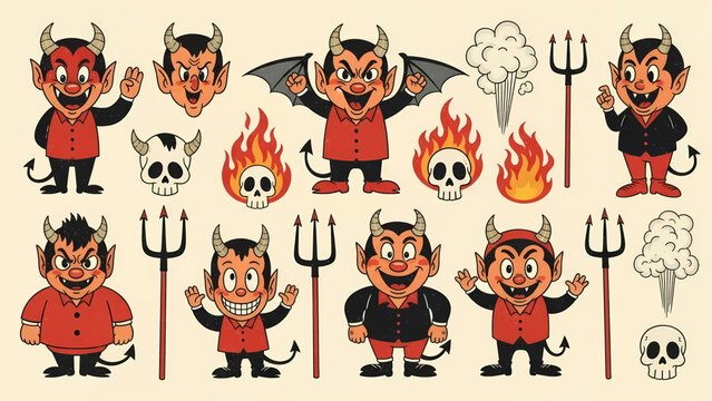 Vintage Cartoon Devil Characters Set with Pitchforks Skulls and Flames.