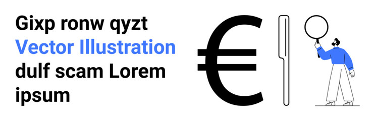 Euro currency symbol with a person analyzing it using a magnifying glass conveys themes thumbs up finance, analysis, economics, business planning, banking, audit, and ideal for a simple landing page