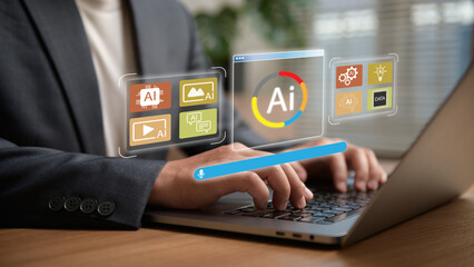 Professional working on a laptop with futuristic AI interface icons, showcasing artificial intelligence tools, data processing, automation, and smart technology for modern digital workflow efficiency.