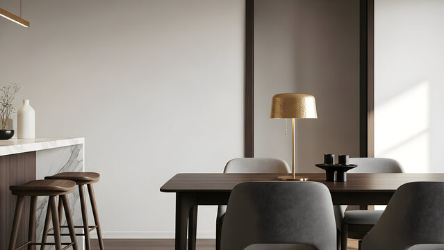 Modern dining and kitchen area with a marble countertop and wooden bar stools next to a dark wood table and chairs illuminated by a golden lamp - Powered by Adobe