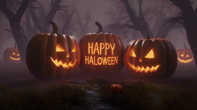 A spooky Halloween scene with carved jack-o'-lanterns and a 'HAPPY HALLOWEEN' pumpkin in a dark, foggy forest with bare trees.