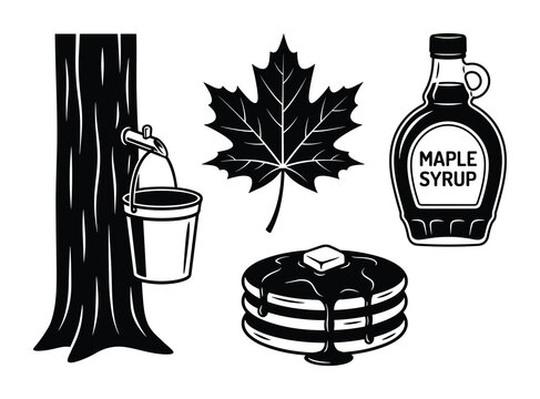 Maple syrup production set. Tree tapping and leaf. Bottle and pancakes. Silhouette style.