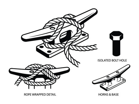 Fototapeta Marine rope cleat, nautical knot detail, boat mooring hardware, isolated bolt hole, horns and base