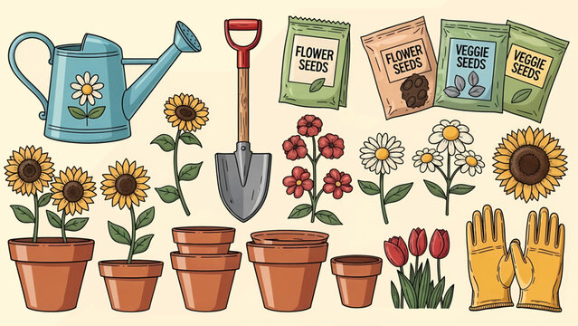 Hand-drawn gardening tools flower seeds and potted plants collection.