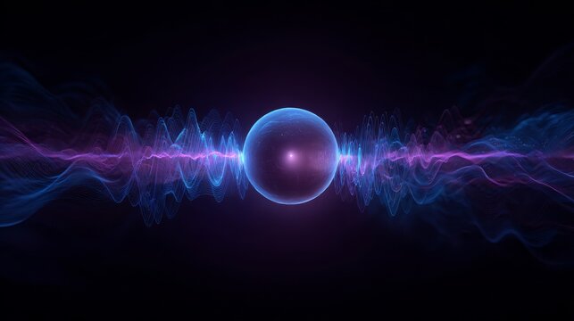 Abstract visualization of quantum energy sphere emitting vibrant waveforms in dark space, representing particle physics