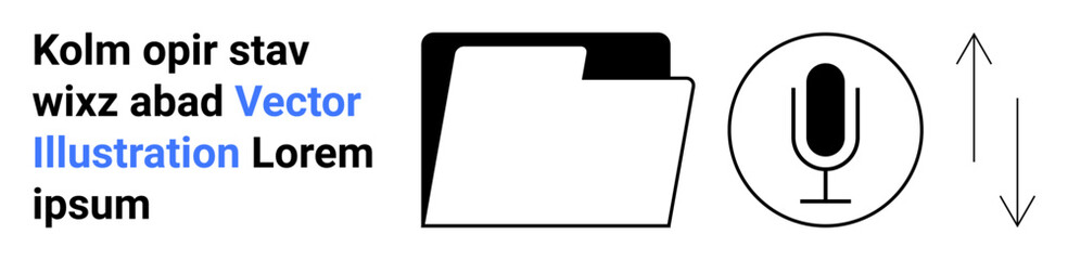 Data organization, voice recording, navigation, digital communication, storage system, multimedia interface. File folder with microphone icon and arrows. Data organization and voice recording concept