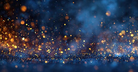 Ethereal gold dust floats amidst hazy blue, shimmering