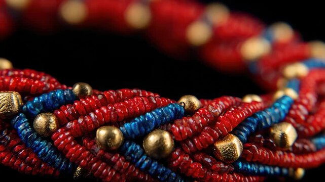 Colorful beaded bracelet with intricate design showcasing red, blue, and gold elements against black background