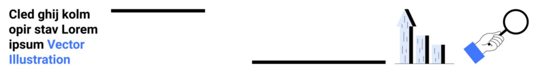 Business performance, data analysis, growth tracking, research, marketing, financial assessment. Growth chart with arrow, magnifying glass examining a bar graph. Business and data analysis concept