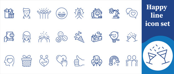 Happy line icon set, symbol, greeting, auspicious, sign, ice cream, music, cake, hat, decoration, element, surprise, celebration, festival, invitation, ribbon, carnival, celebration and more
