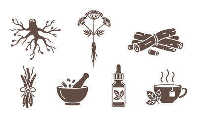 Natural remedies line icons, traditional medicine, holistic wellness, herbal healing elements.
