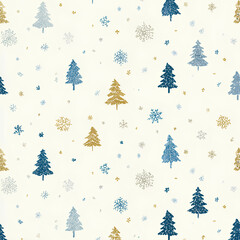Seamless winter pattern with minimal vector snowflakes and pine trees in a clean and simple seasonal design
