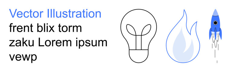 Innovation, creativity, energy solutions, futuristic design, startup ideas, clean energy. Minimalist black lightbulb, blue flame and a small blue rocket icon. s innovation and creative energy