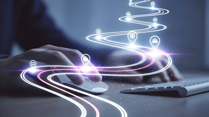 A person using a computer mouse and keyboard with glowing digital pathways and icons representing a journey or process