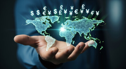 Confident global business finance concept showing international wealth tax and currency hologram technology in hand