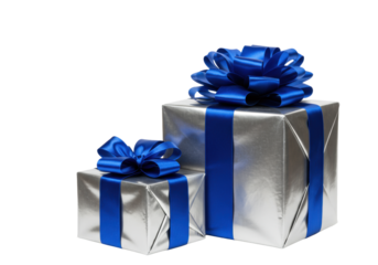 three luxury gift boxes wrapped in reflective metallic silver foil, secured with oversized sapphire blue satin bows, isolated on a white studio background with copy space. Concept for high-end