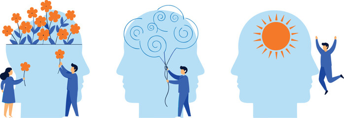 Positive mental health illustration set showing mind growth, creativity, emotional wellness, and happiness concepts in modern vector style
