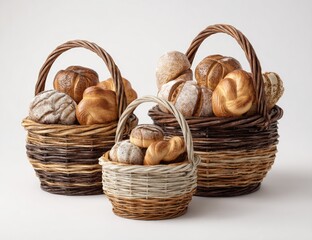Three woven baskets, filled with assorted freshly baked breads, sit on a white surface