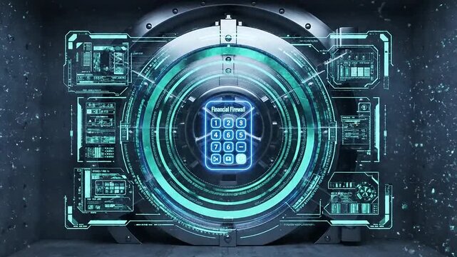 Futuristic vault door with digital keypad surrounded by energy bursts in a high-tech environment