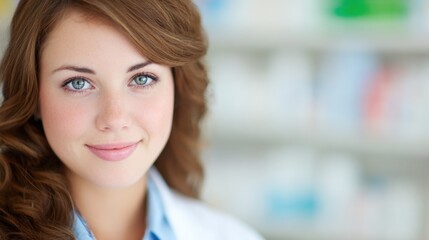 Female pharmacist smiles while working in a pharmacy during the day