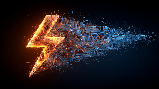 Glowing lightning bolt energy symbol in dark digital space - Powered by Adobe