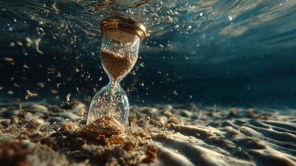 Illuminated glass hourglass floating in ocean depth