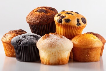 Seven assorted, golden-brown muffins in various shapes, sizes, and toppings against a white backdrop