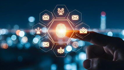 Fingerprint recognition activates a digital network of business communication and data icons against a blurred city backdrop symbolizing global connectivity and secure access